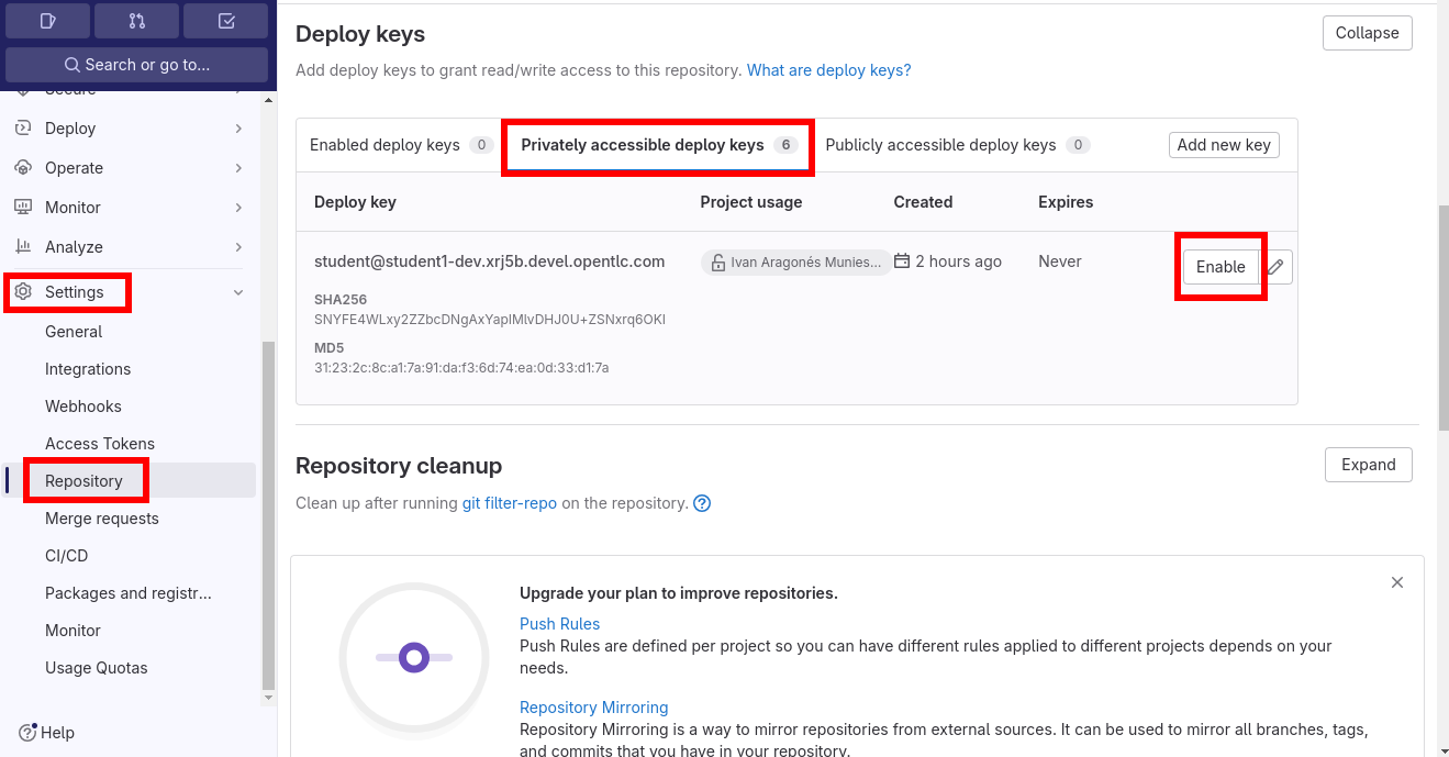 configure gitlab add existing ssh key