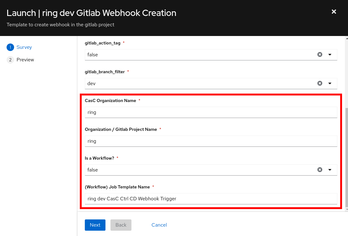 configure webhook launch params dev.2
