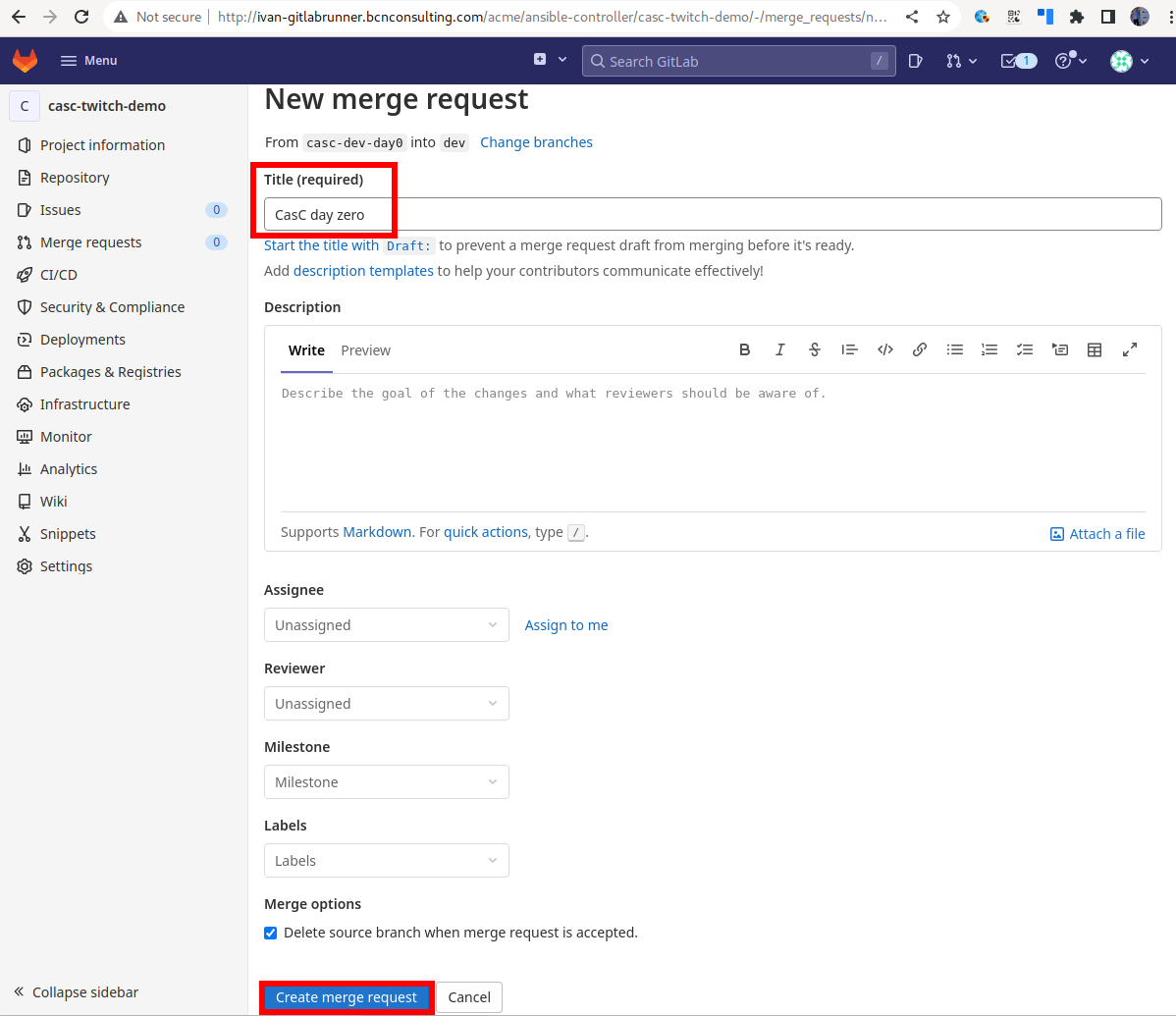 Fill in the merge request information