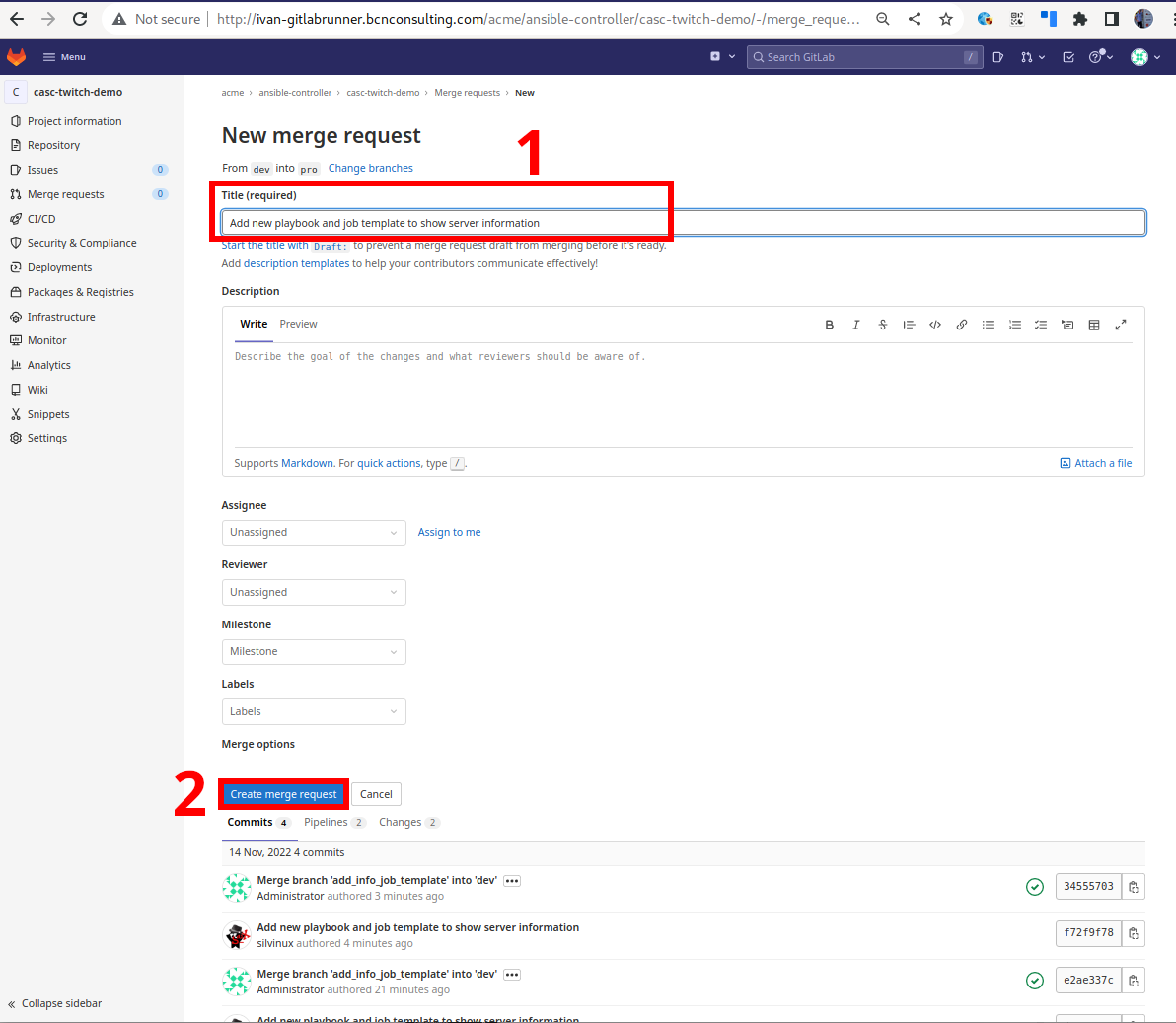 Fill in the merge request information